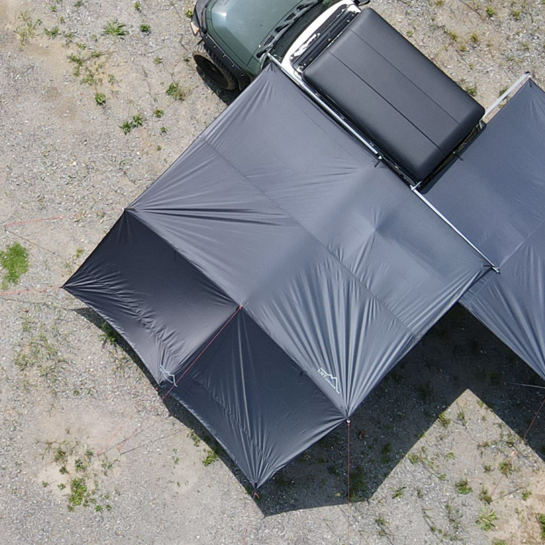 Drone shot of the ES Awning 2000 set is fully pitched