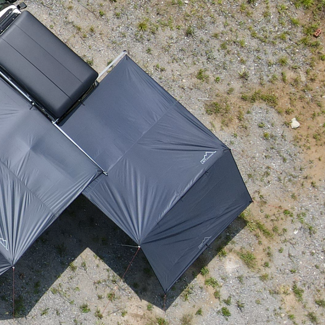 Drone shot of the ES Awning 1300 set is fully pitched